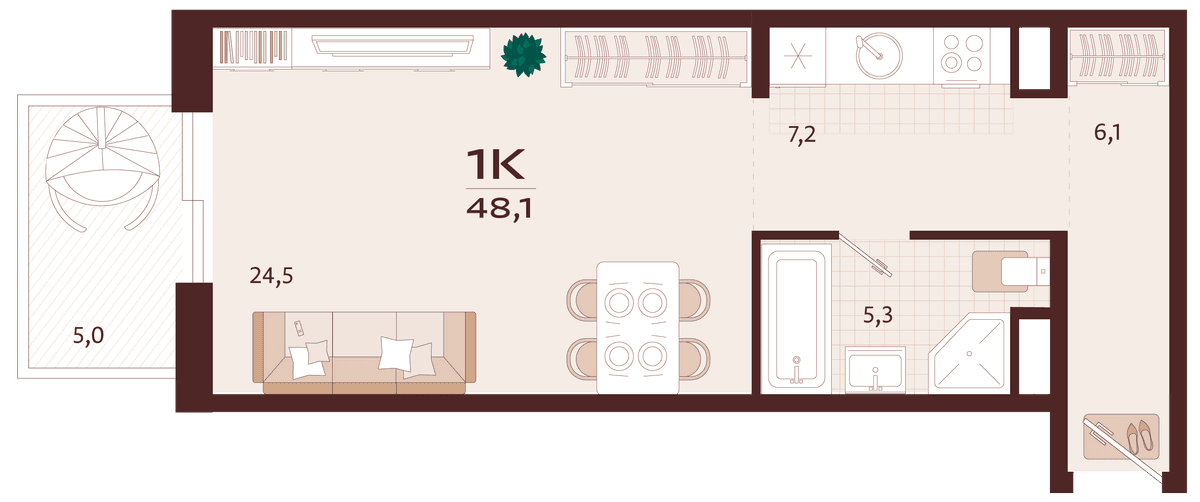 1-к, 48.1 м² · Роялта