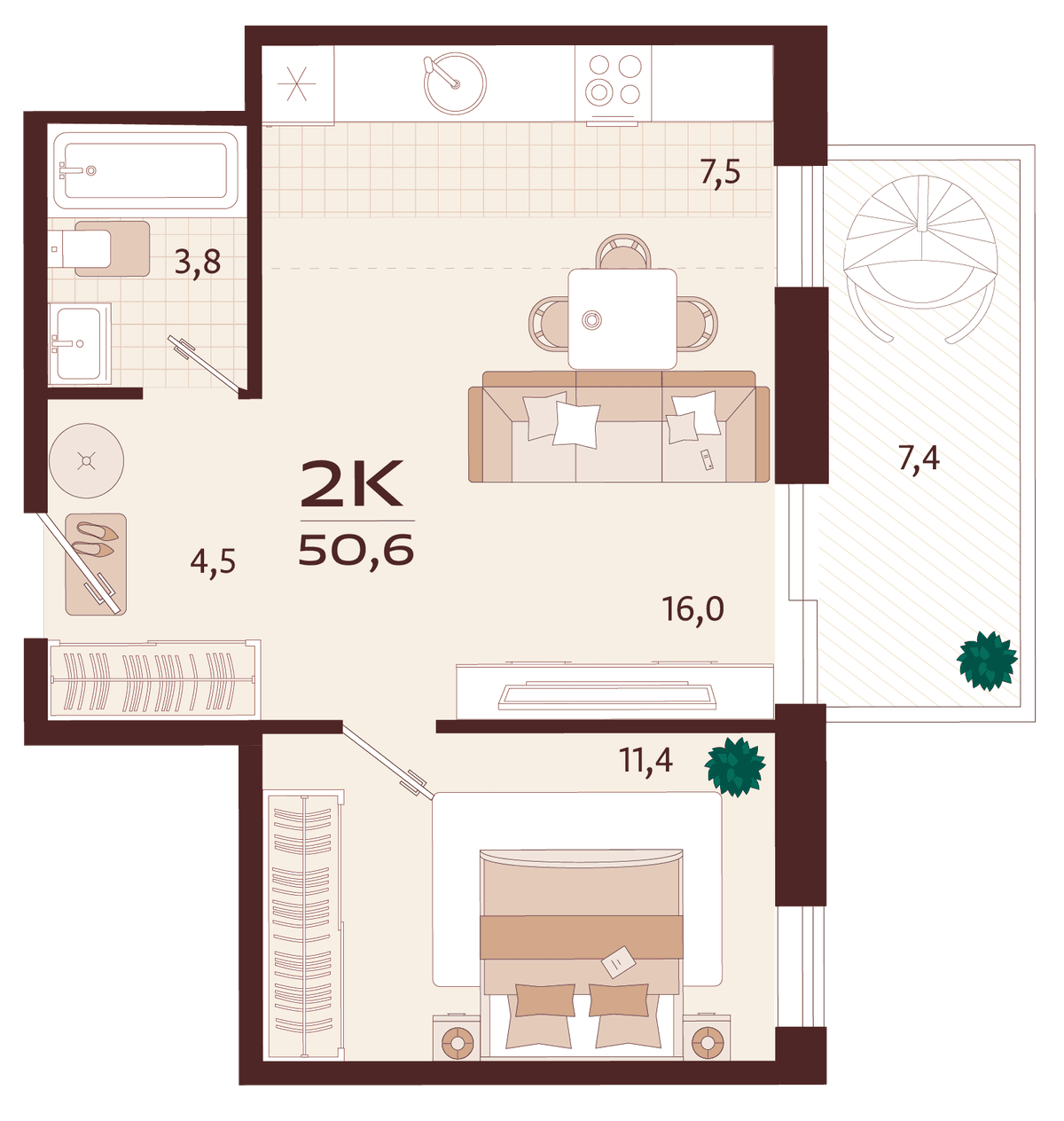 2-к, 50.6 м² · Роялта