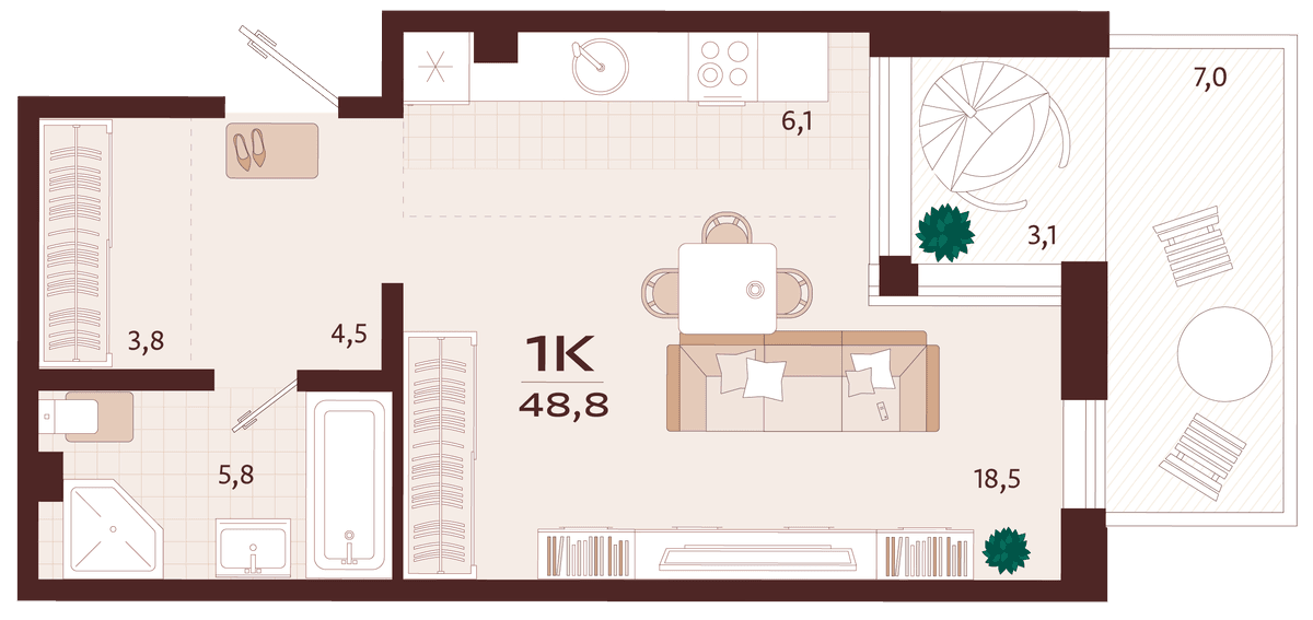 1-к, 48.8 м² · Роялта
