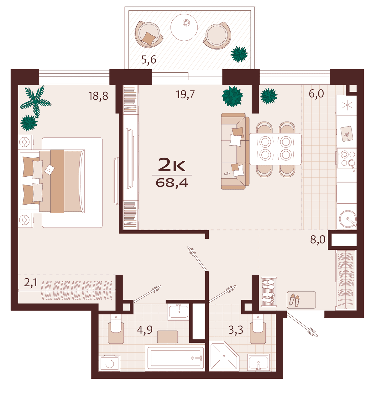 2-к, 68.4 м² · Роялта
