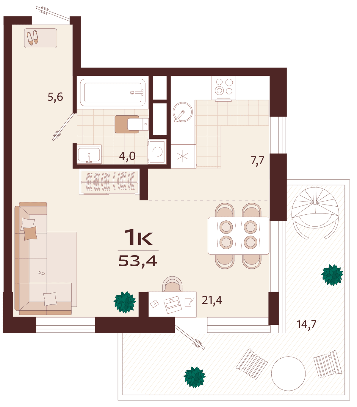 1-к, 53.4 м² · Роялта