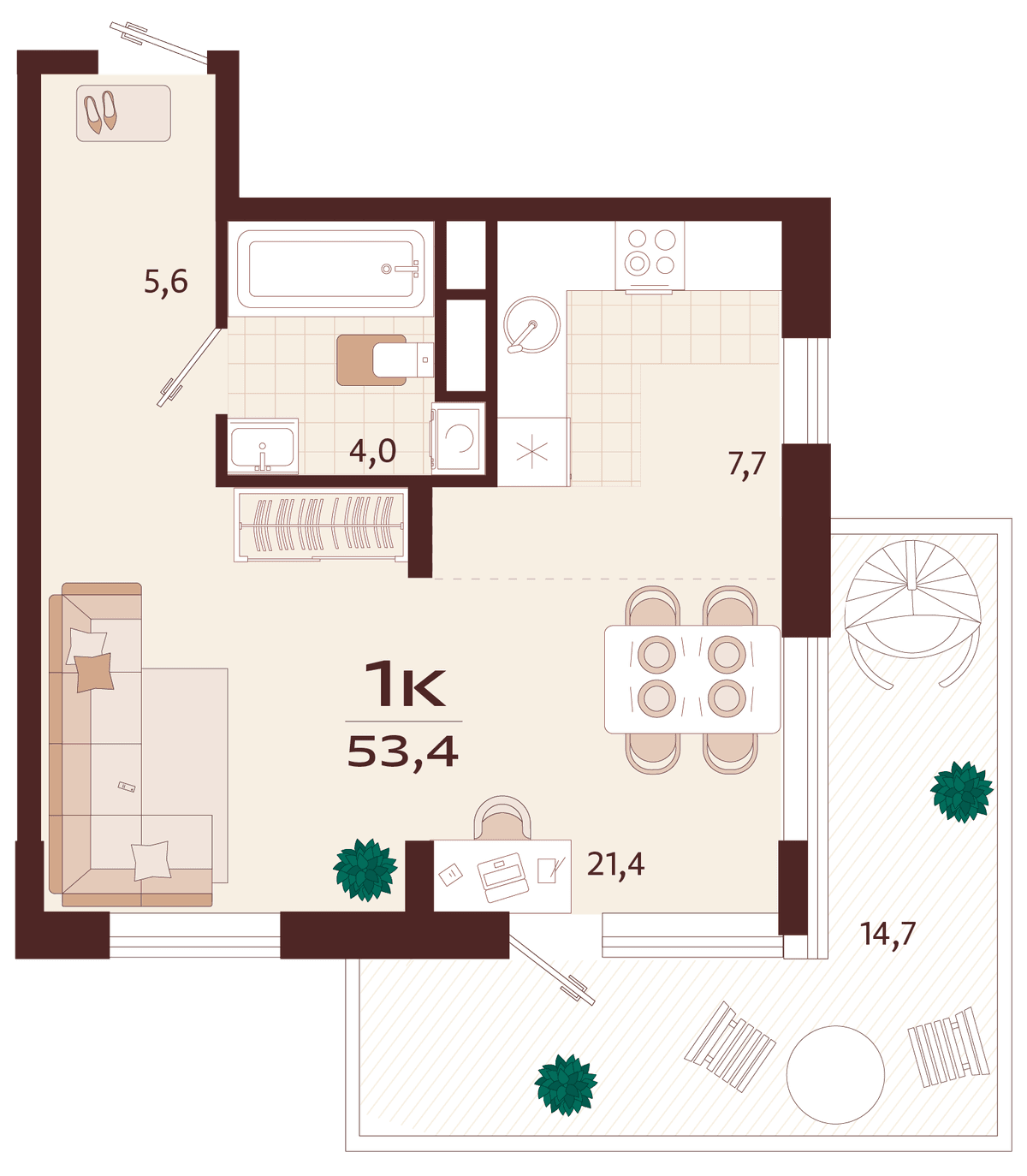 1-к, 53.4 м² · Роялта