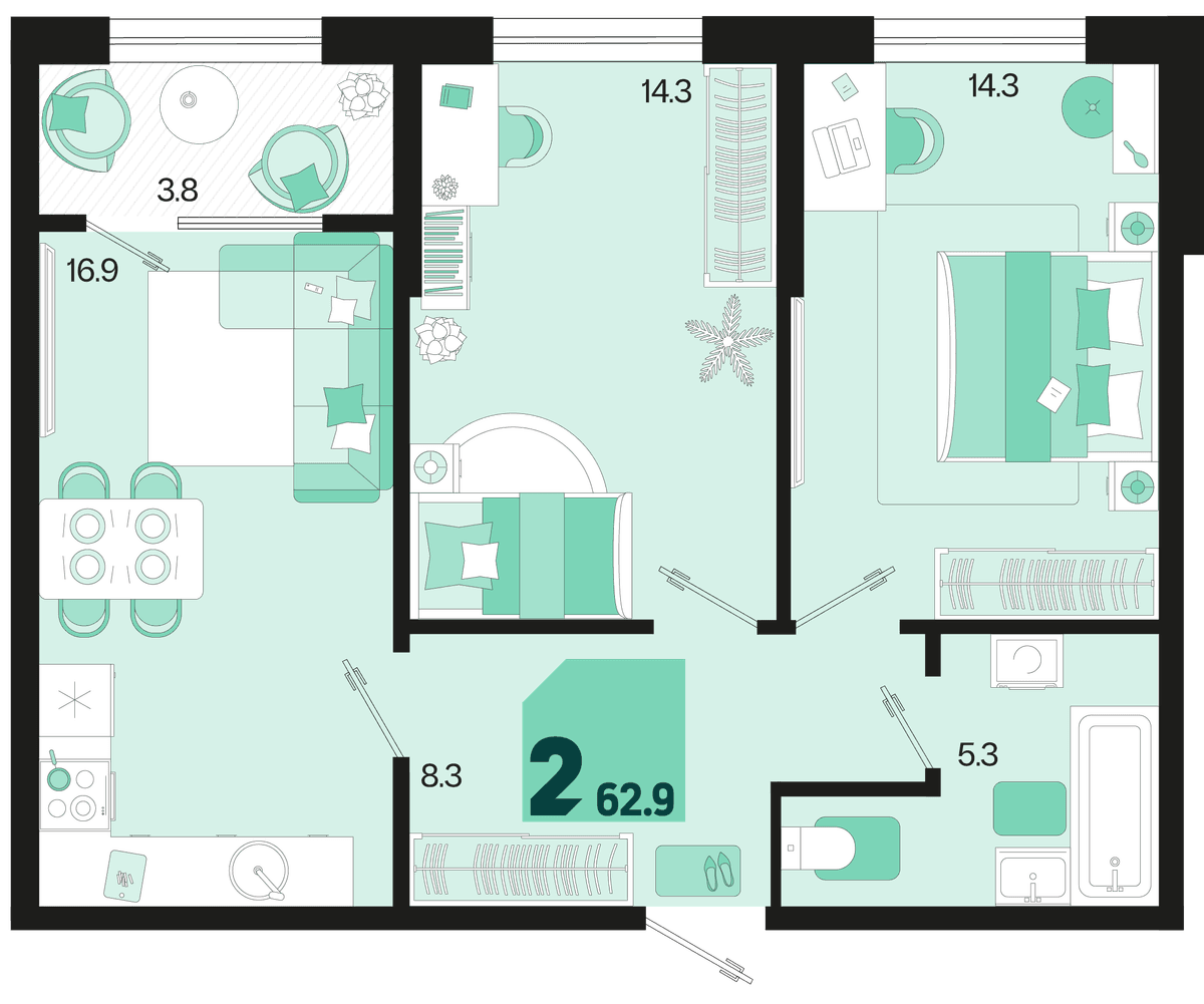 2-к, 62.9 м² · Первое место