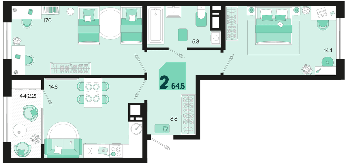 2-к, 64.5 м² · Первое место