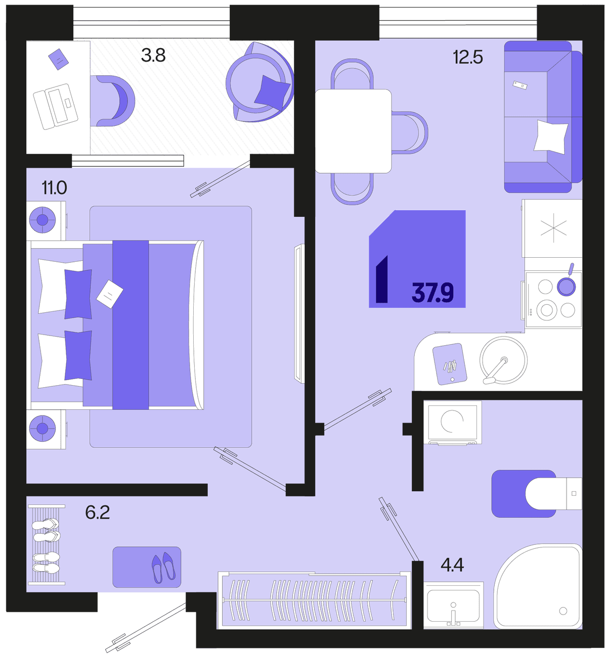 1-к, 37.9 м² · Первое место