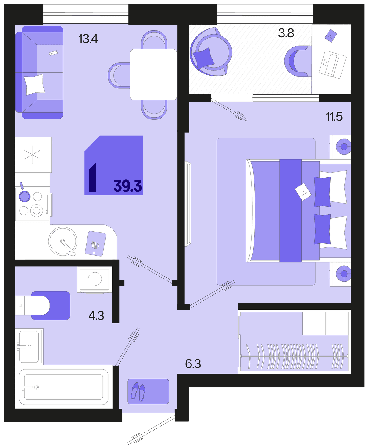1-к, 39.3 м² · Первое место
