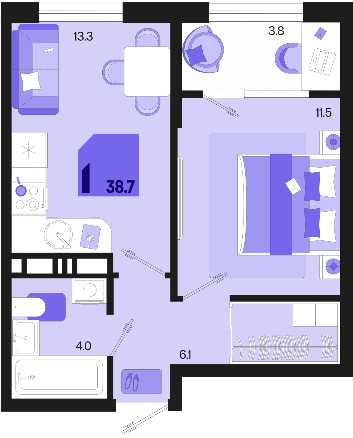 1-к, 38.7 м² · Первое место