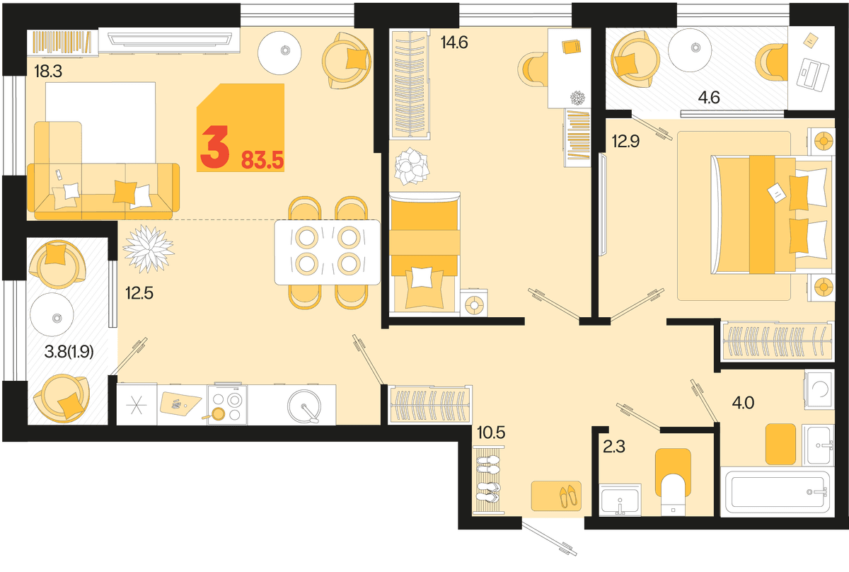 3-к, 83.5 м² · Первое место