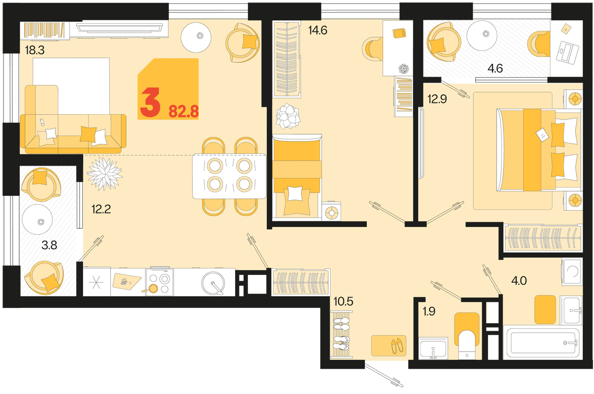 3-к, 82.8 м² · Первое место