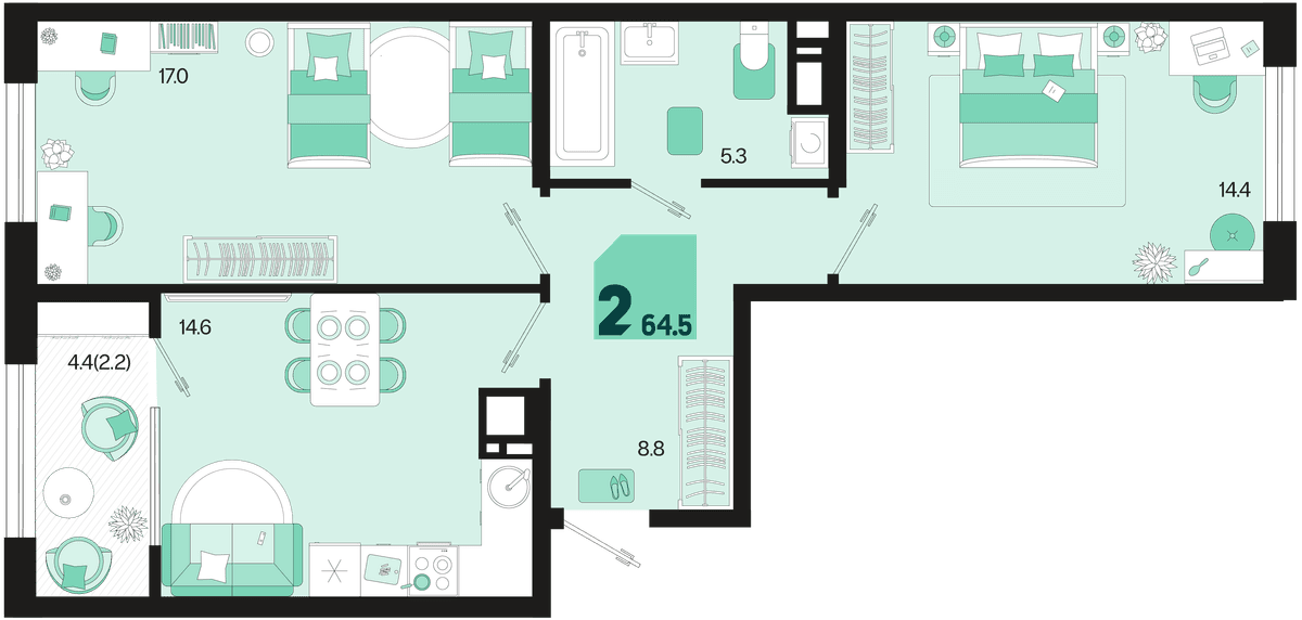 2-к, 64.5 м² · Первое место