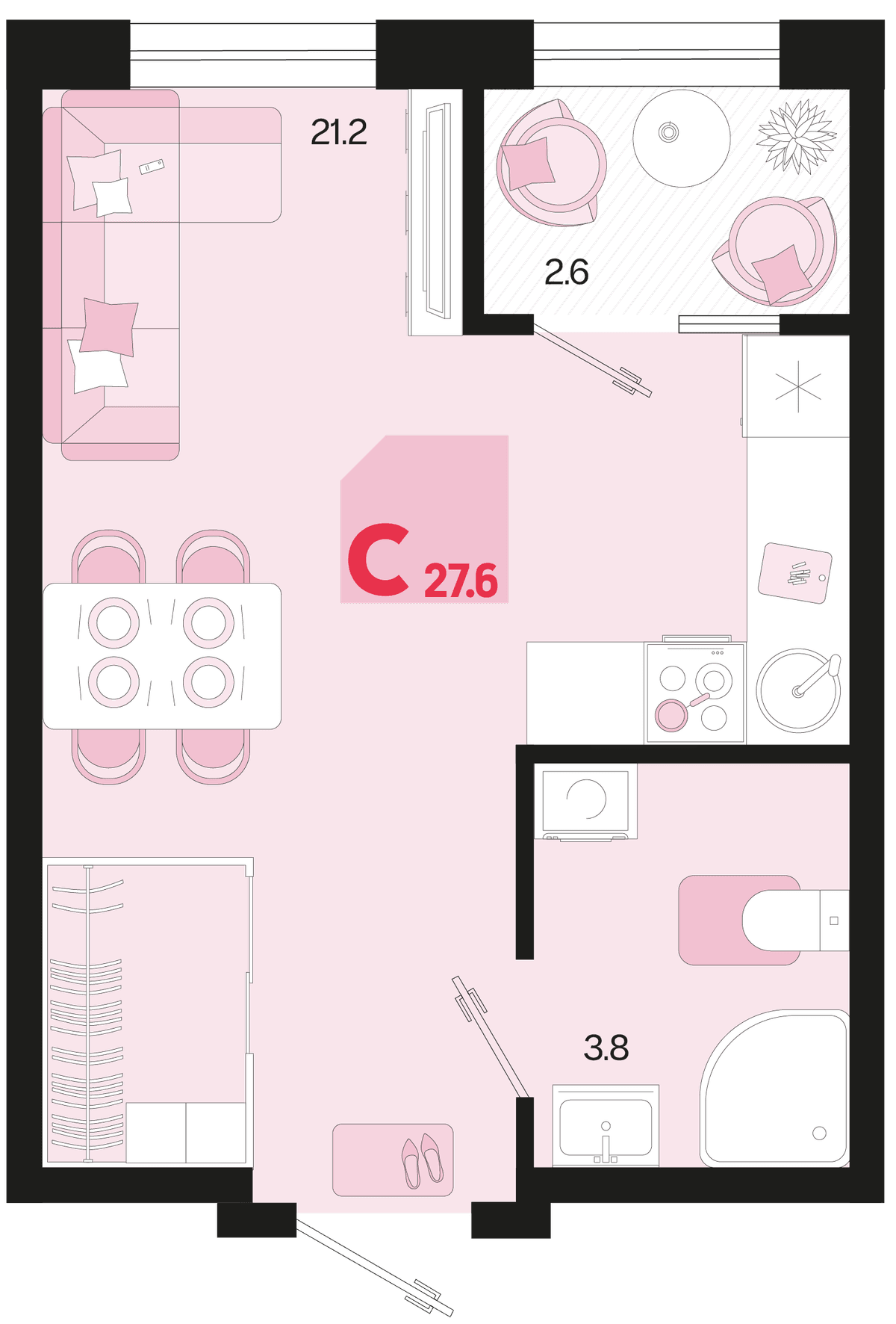 Студия, 27.6 м² · Первое место
