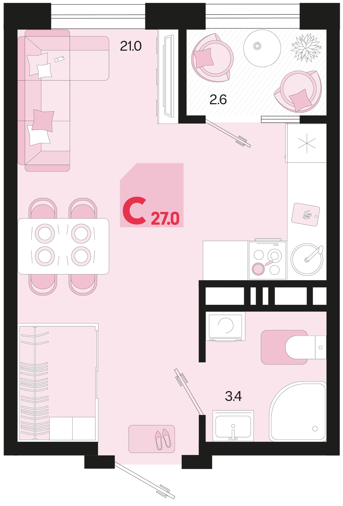 Студия, 27 м² · Первое место