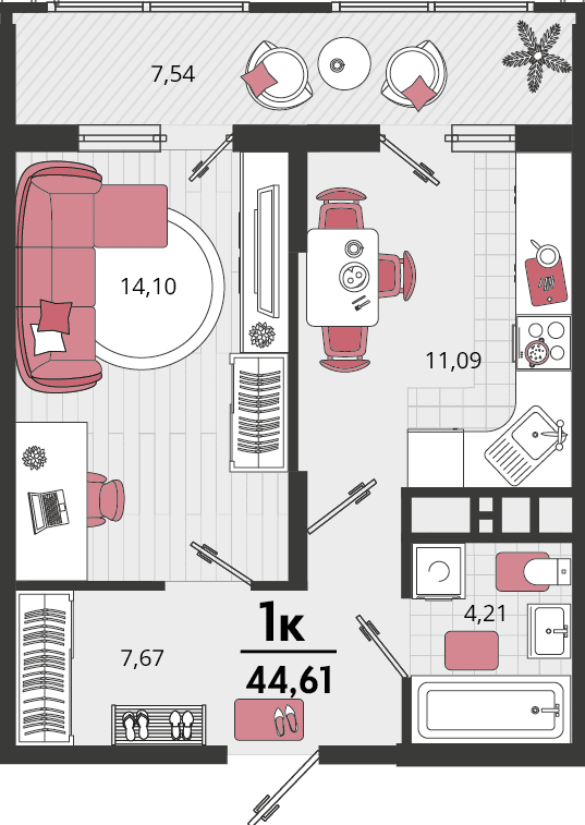 1-к, 44.61 м² · Родные просторы