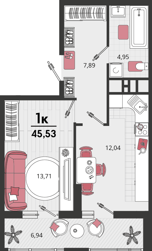1-к, 45.53 м² · Родные просторы