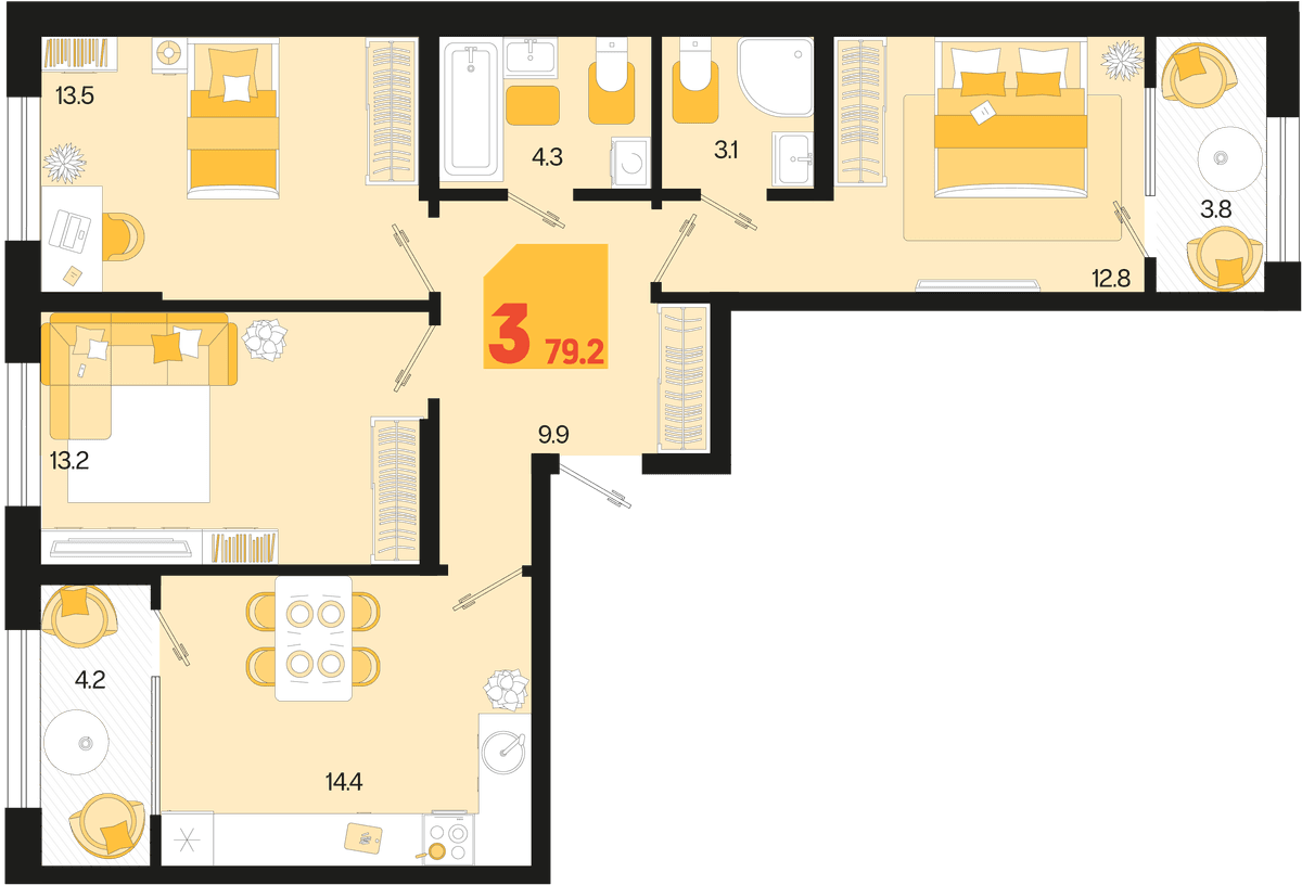3-к, 79.2 м² · Первое место