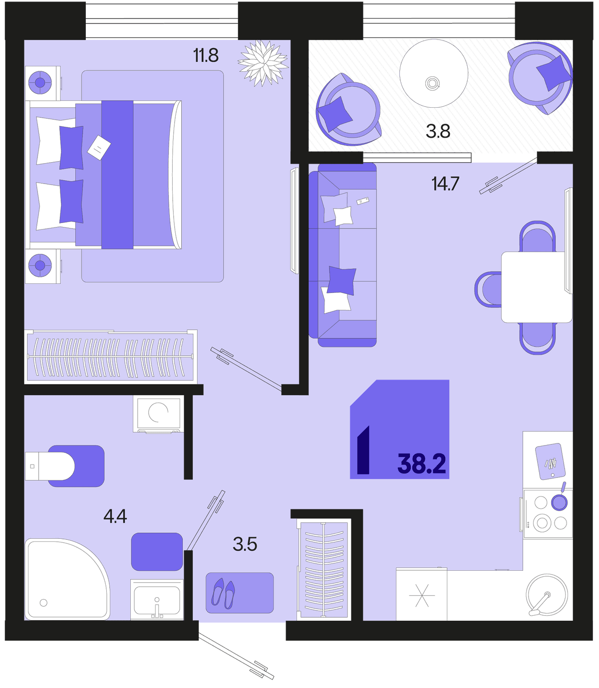 1-к, 38.2 м² · Первое место