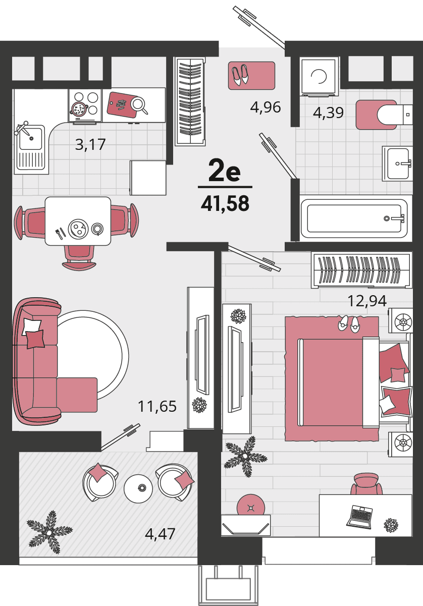 2-к, 41.58 м² · Родные просторы
