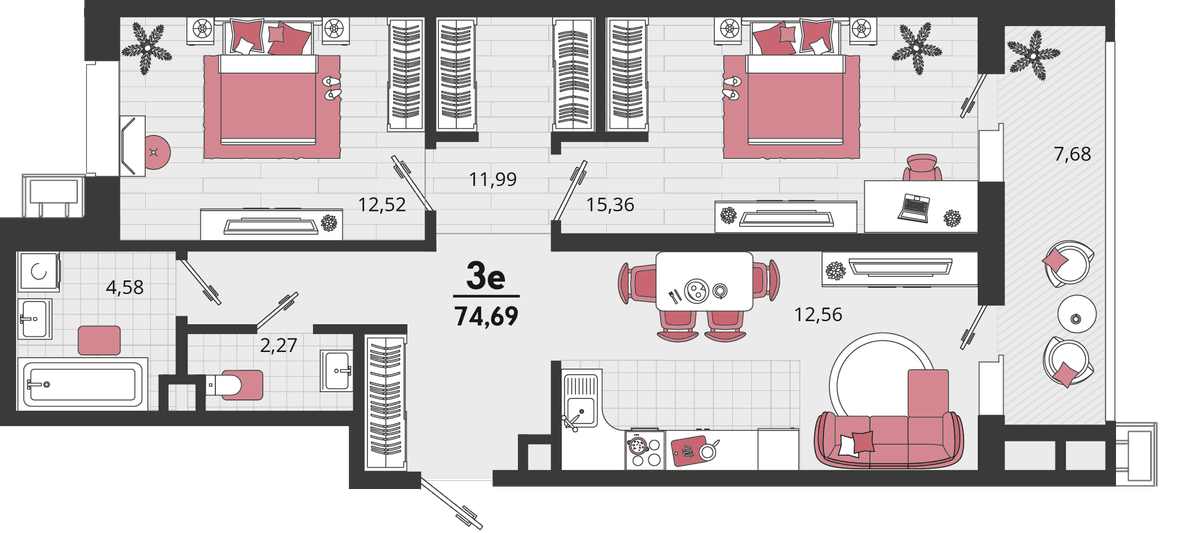3-к, 74.69 м² · Родные просторы