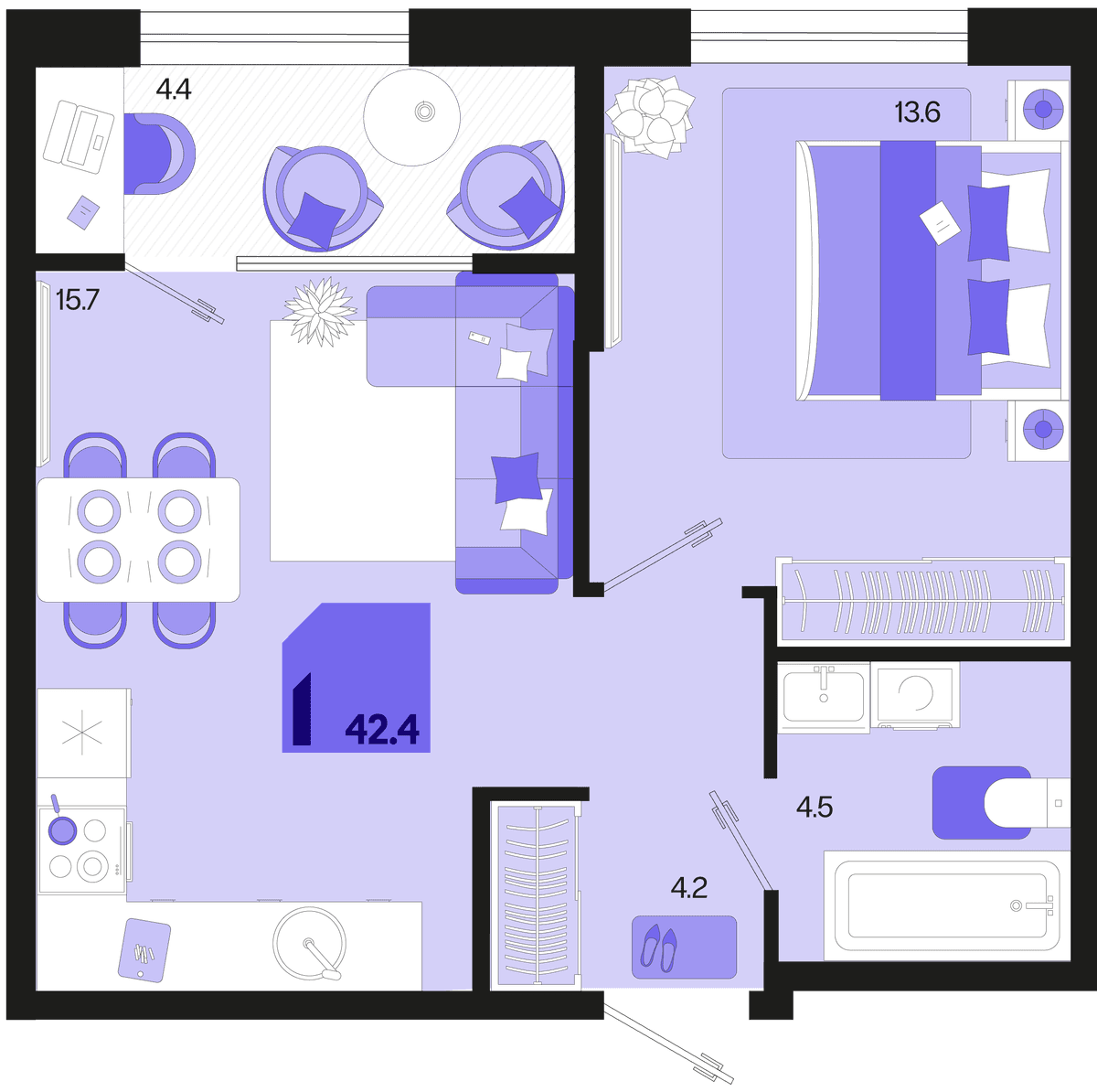 1-к, 42.4 м² · Первое место