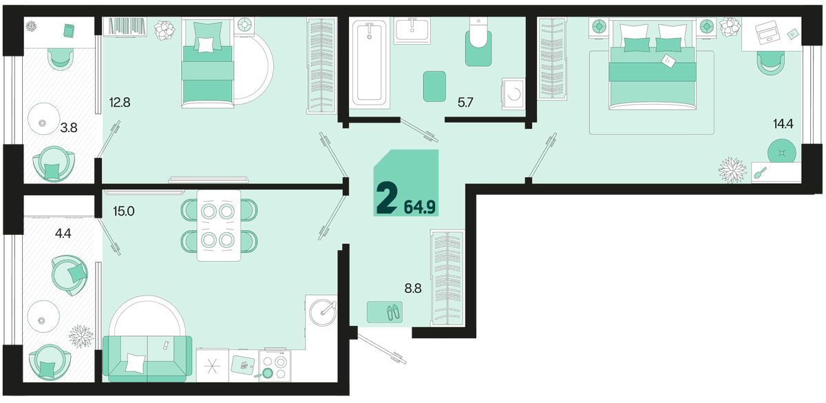 2-к, 64.9 м² · Первое место