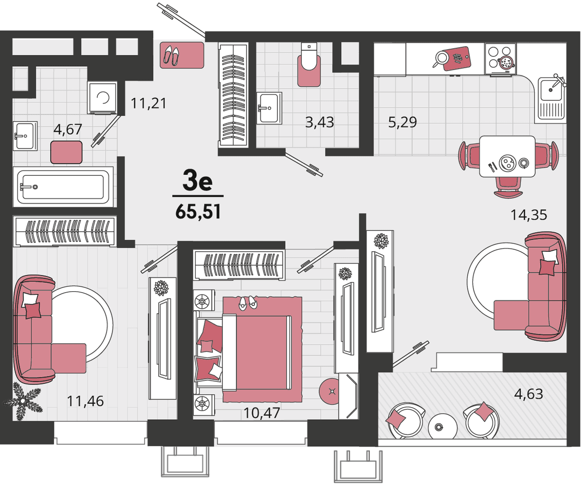 3-к, 65.51 м² · Родные просторы