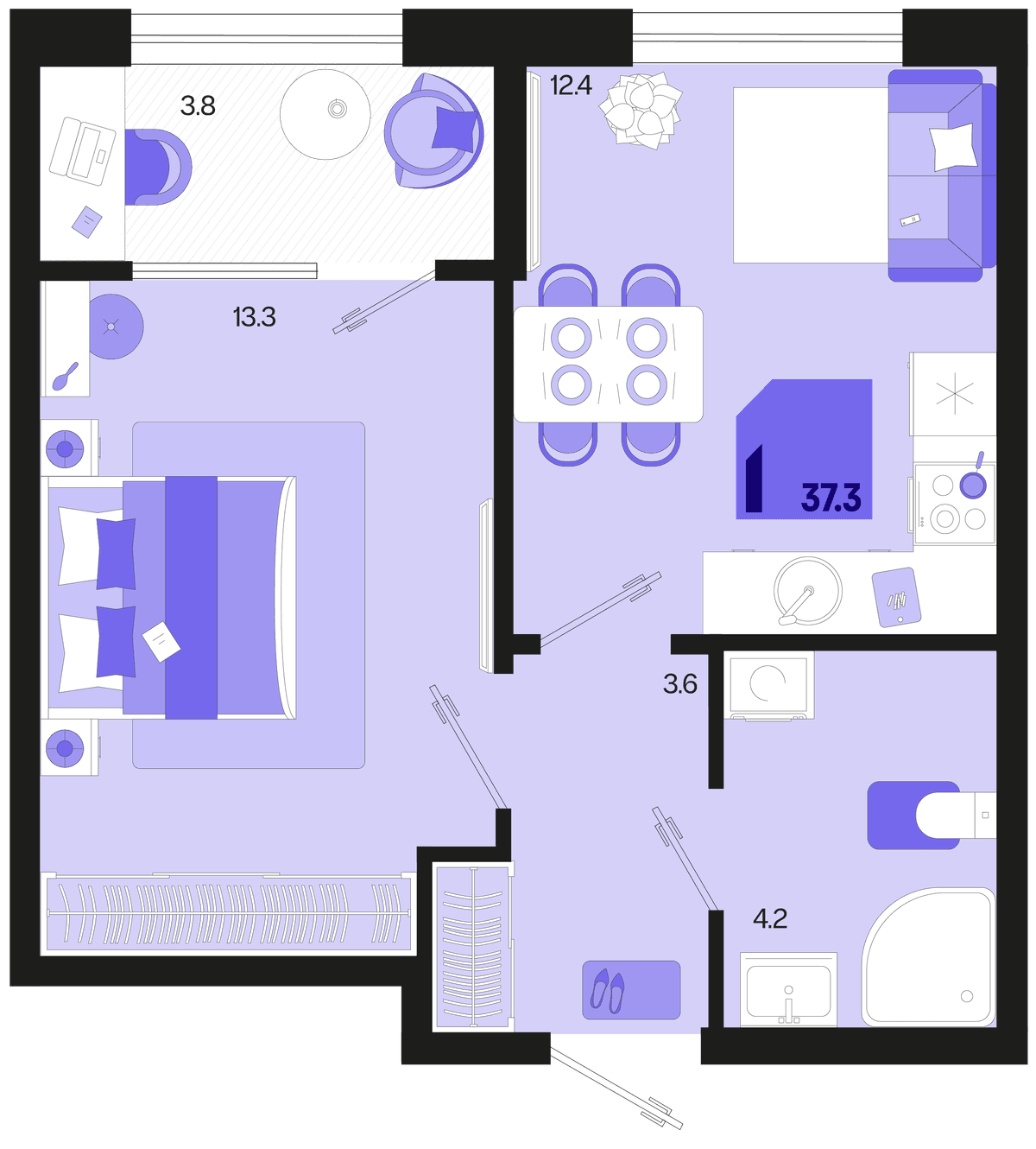 1-к, 37.3 м² · Первое место