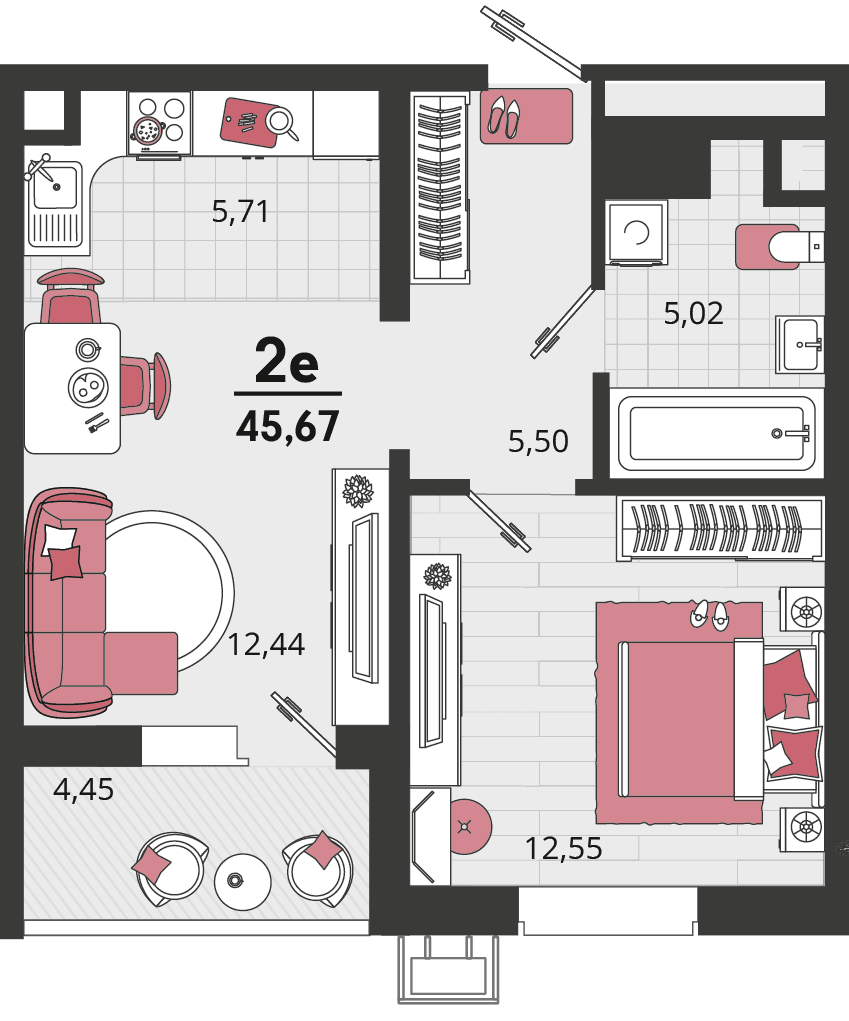 2-к, 45.67 м² · Родные просторы