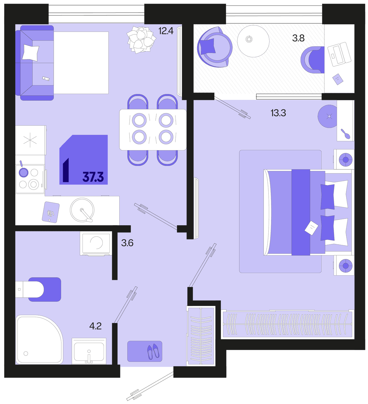 1-к, 37.3 м² · Первое место