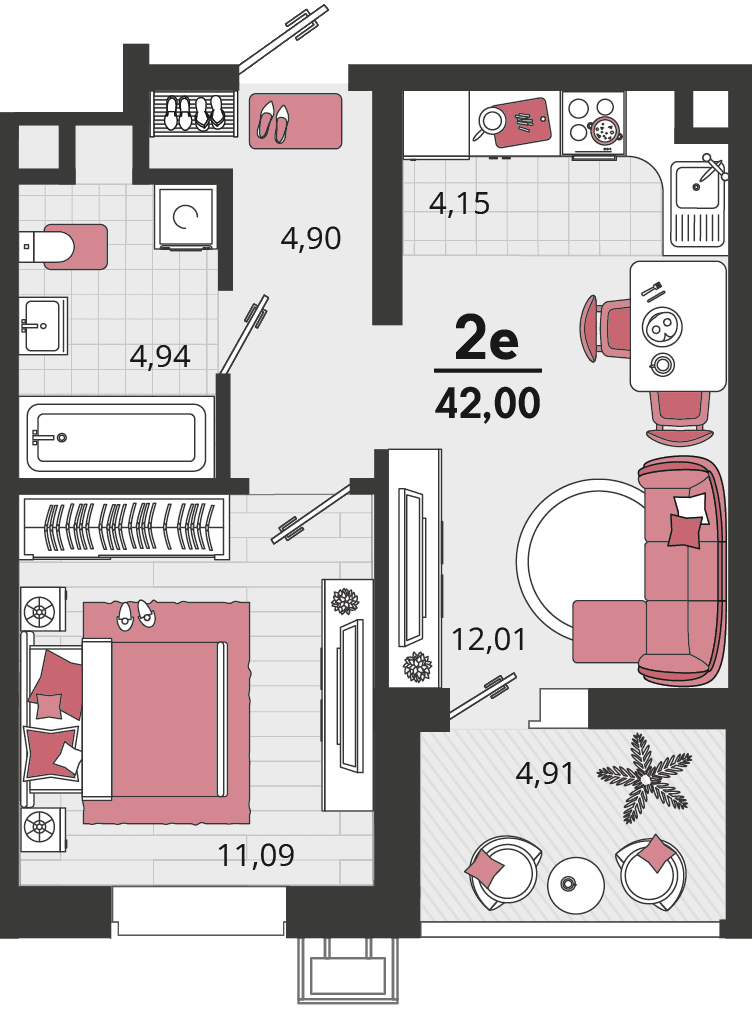 2-к, 42 м² · Родные просторы
