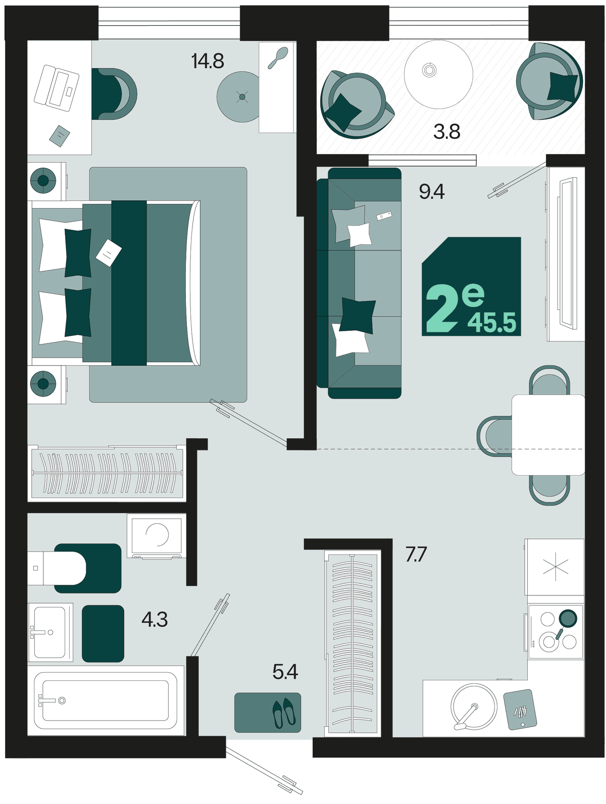 2-к, 45.5 м² · Первое место