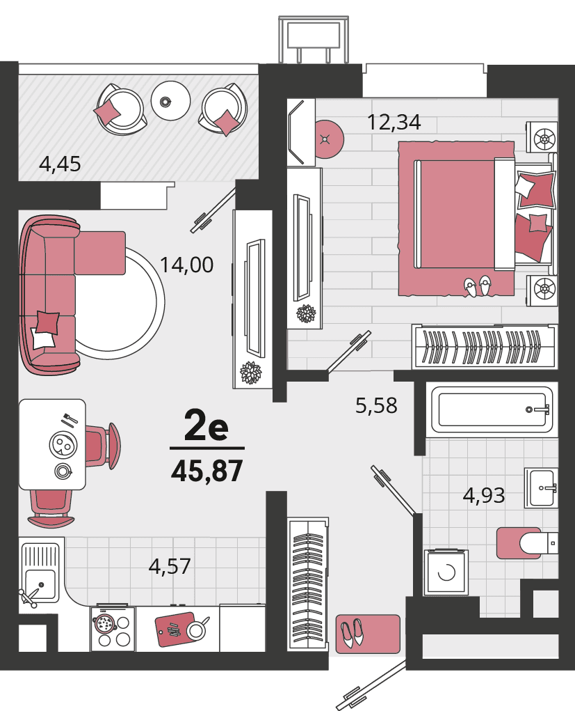2-к, 45.87 м² · Родные просторы