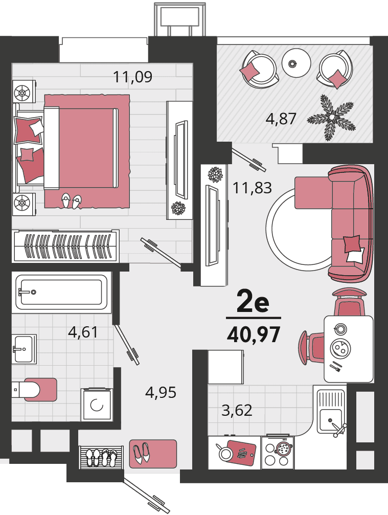 2-к, 40.97 м² · Родные просторы