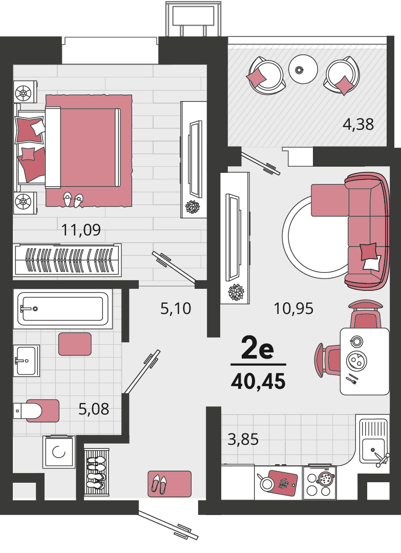 2-к, 40.45 м² · Родные просторы