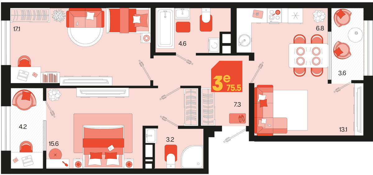 3-к, 75.5 м² · Первое место