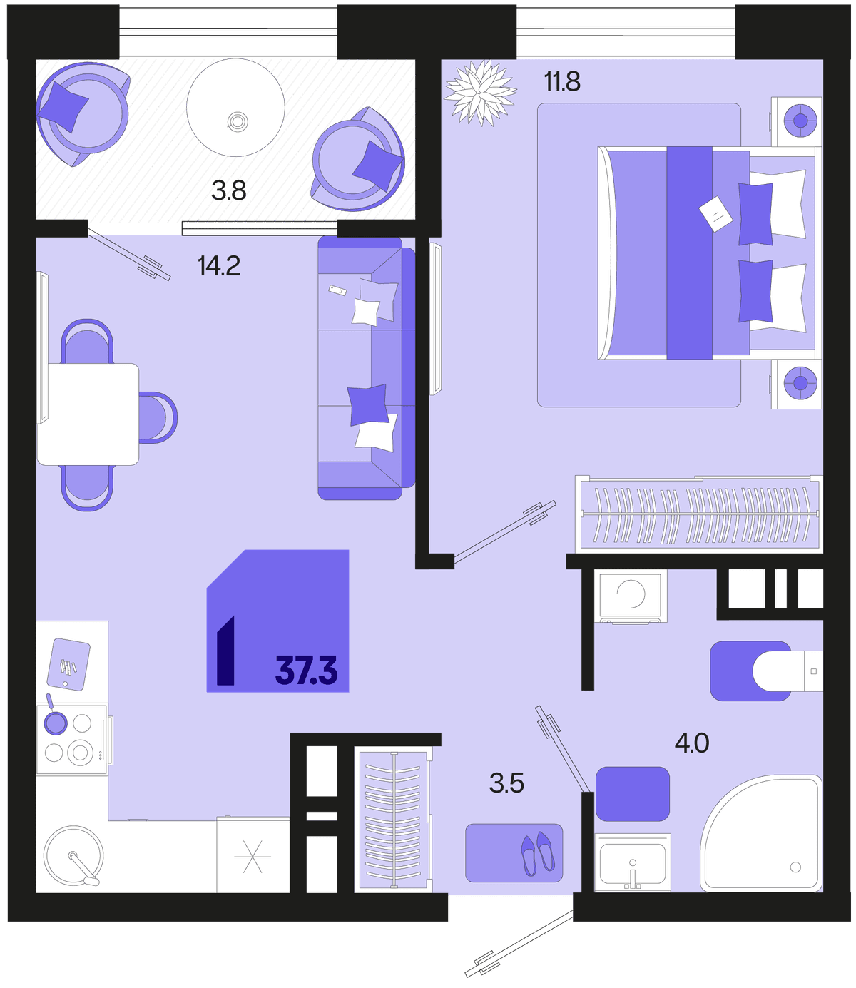 1-к, 37.3 м² · Первое место
