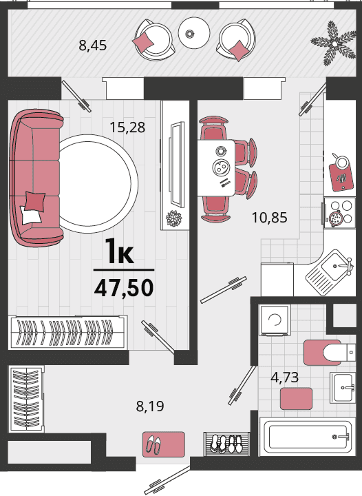 1-к, 47.5 м² · Родные просторы