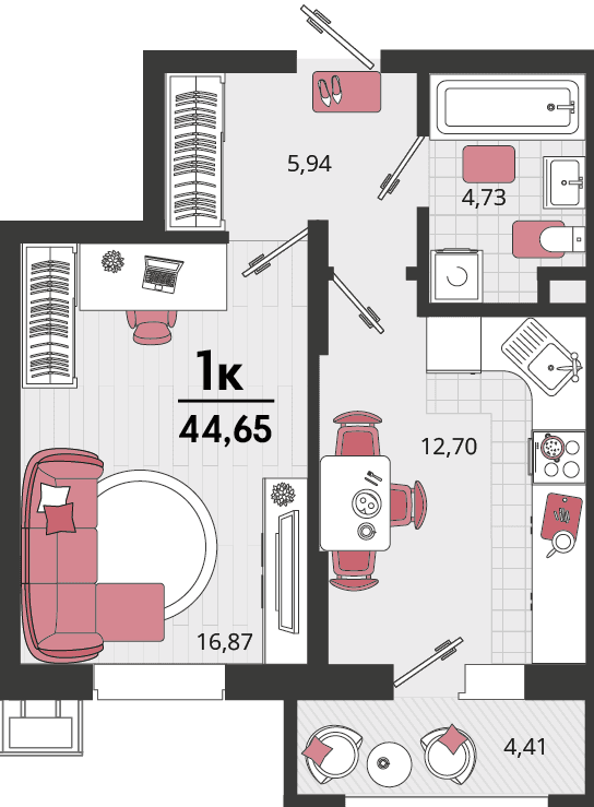 1-к, 44.65 м² · Родные просторы
