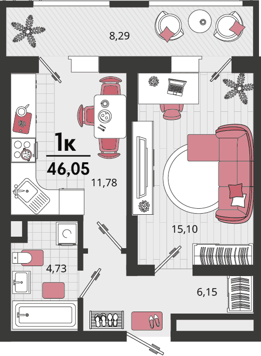 1-к, 46.05 м² · Родные просторы