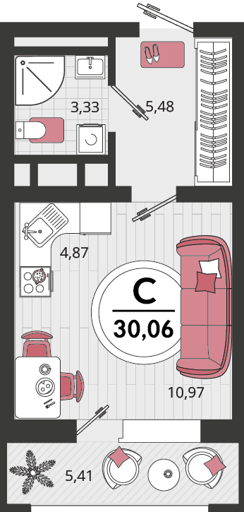 1-к, 30.06 м² · Родные просторы