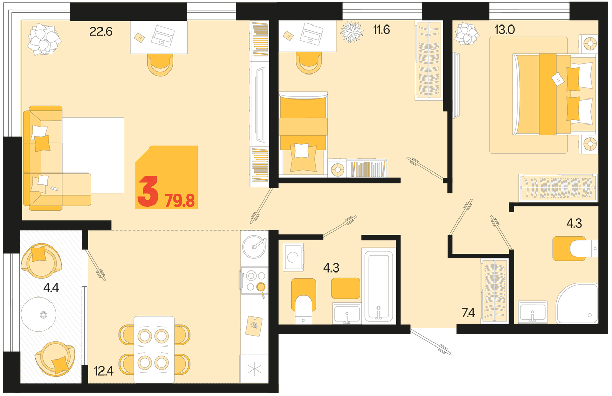 3-к, 79.8 м² · Первое место