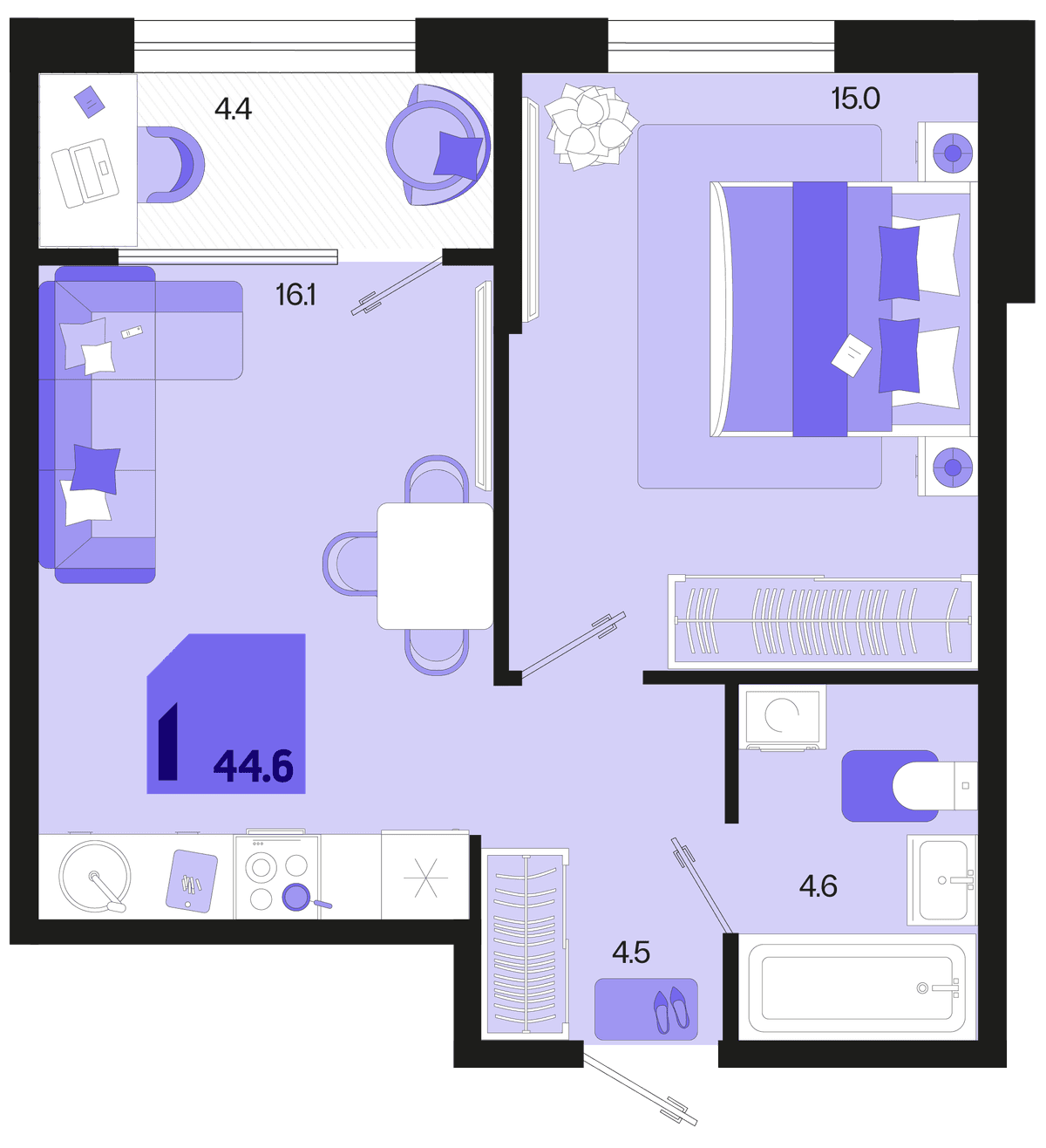 1-к, 44.6 м² · Первое место
