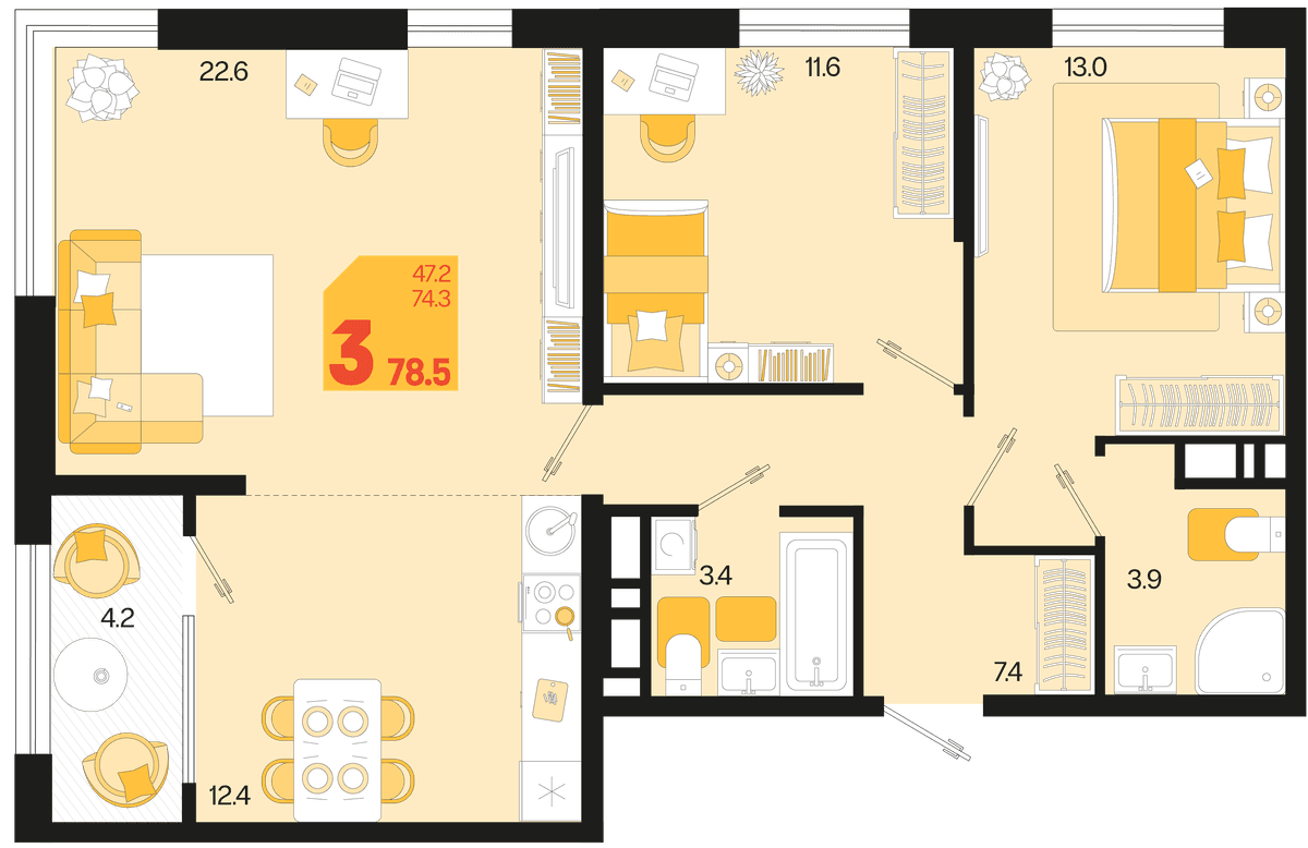 3-к, 78.5 м² · Первое место