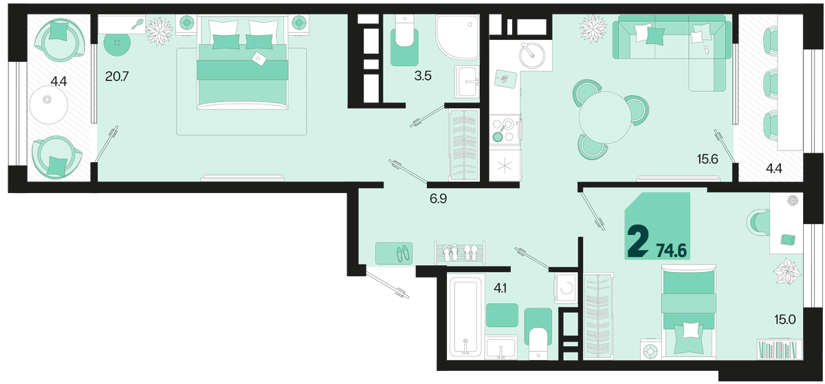 2-к, 74.6 м² · Первое место