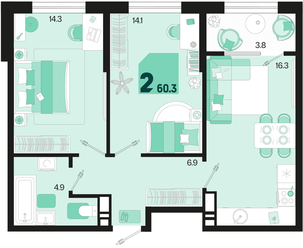 2-к, 60.3 м² · Первое место