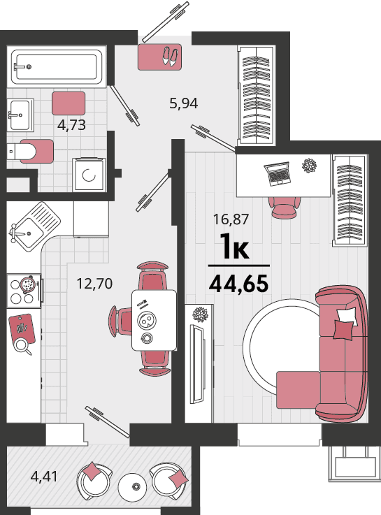 1-к, 44.65 м² · Родные просторы