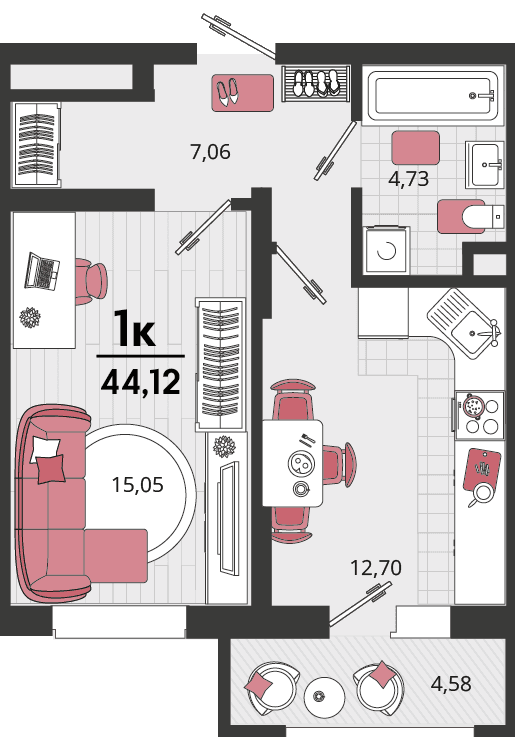 1-к, 44.12 м² · Родные просторы