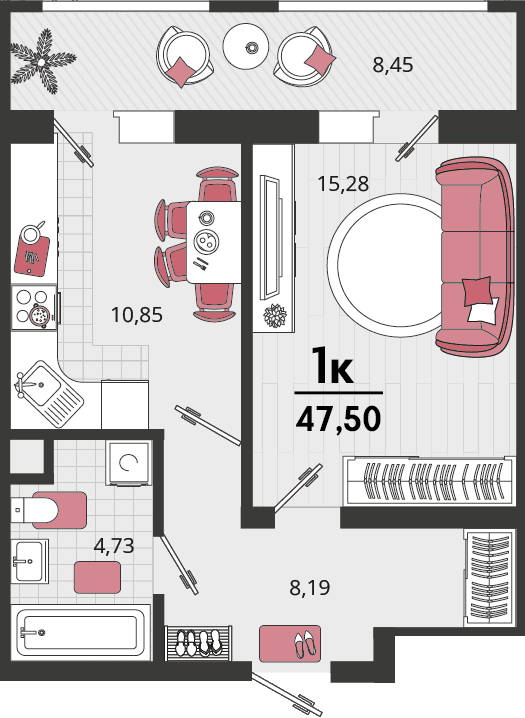 1-к, 47.5 м² · Родные просторы