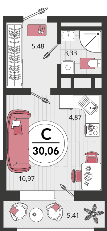 1-к, 30.06 м² · Родные просторы