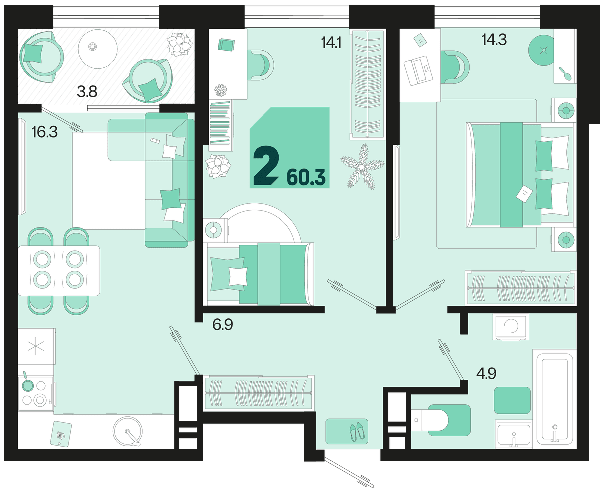 2-к, 60.3 м² · Первое место