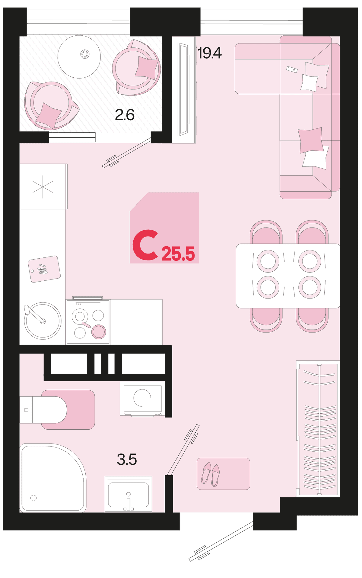 Студия, 25.5 м² · Первое место